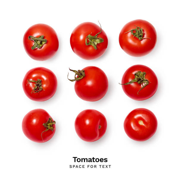 istock Overhead shot of fresh red tomatoes arranged in pattern. Isolated on white background. Top view with copy space 1188376733