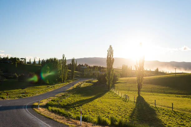 istock Winding road through farmlands at sunrise 1188377007