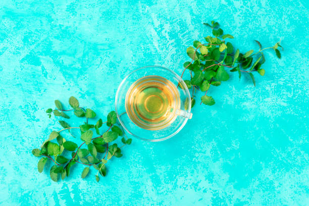 istock Mint tea cup, overhead shot on a vibrant turquoise background with fresh mint leaves and copyspace 1188377186