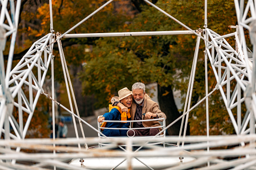 Happiness senior couple hugging while riding on ferris wheel at amusement park.
