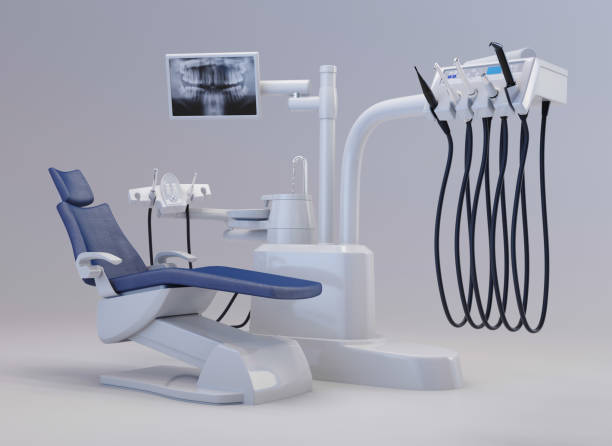 Modern dental chair isolated on white background 3D rendering of a dental chair with a display for x-ray pictures. dental drill stock pictures, royalty-free photos & images