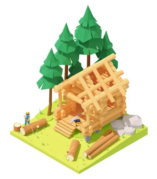 Vector illustration of Vector isometric carpenter at log cabin building