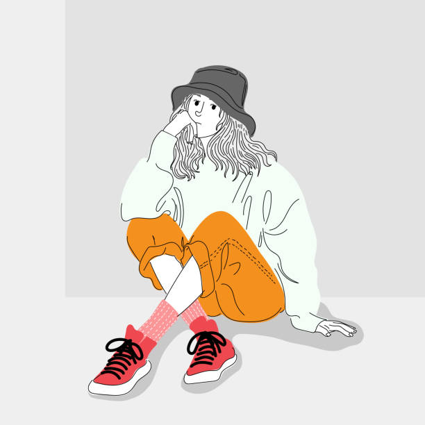 bildbanksillustrationer, clip art samt tecknat material och ikoner med kvinnor klädda i gatumode satt i en av stadsmurarna. illustration av en flicka som sitter på en vägg. - cool people
