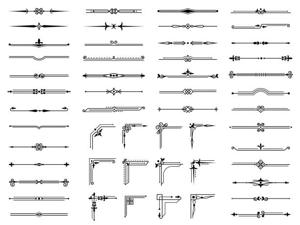 분할과 모서리를 번성. 비네팅 스크랩북 장식용 장식 서예 칸막이 및 테두리, 프레임 절연 벡터 세트 - 아라빅 양식 stock illustrations