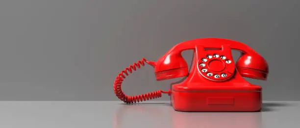 Retro vintage telephone on gray background, banner, copy space. 3d illustration