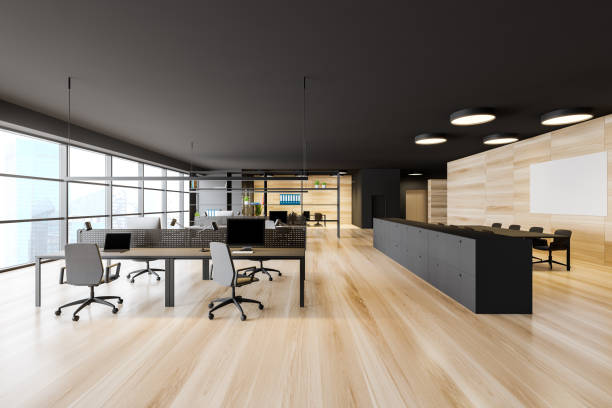 istock Dark gray open space office with meeting room 1188382387