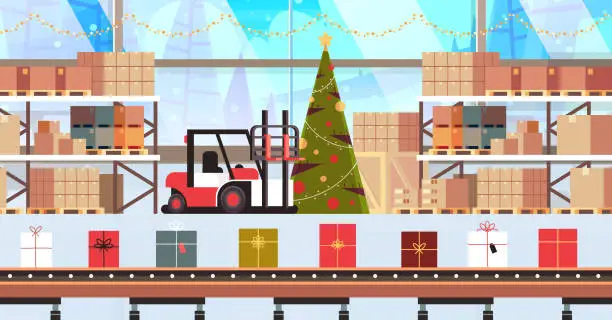 Vector illustration of gift present boxes factory on conveyor belt production process modern warehouse interior christmas holidays celebration concept horizontal