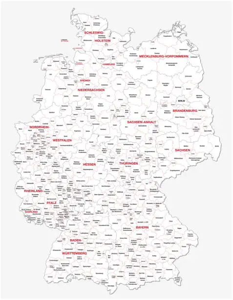 Vector illustration of administrative and political map of Germany newly revised 2019 in black and white