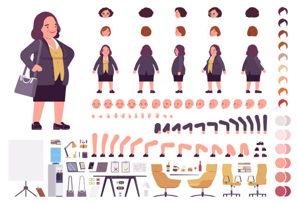 Chubby heavy kind businesswoman with round belly construction set Chubby heavy kind businesswoman with round belly construction set. Overweight, plus size formal wear, fat body shape creation elements to build own design. Cartoon flat style infographic illustration group of objects stock illustrations