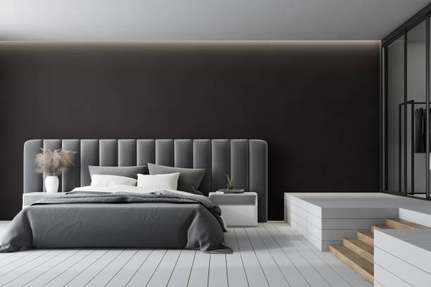 istock Dark gray master bedroom with wardrobe 1188383157