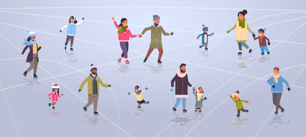 mix race people at ice-skating outdoor rink winter sport activity merry christmas new year holidays concept full length flat horizontal vector art illustration