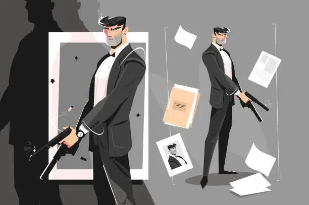 Vector illustration of Male spy with handgun