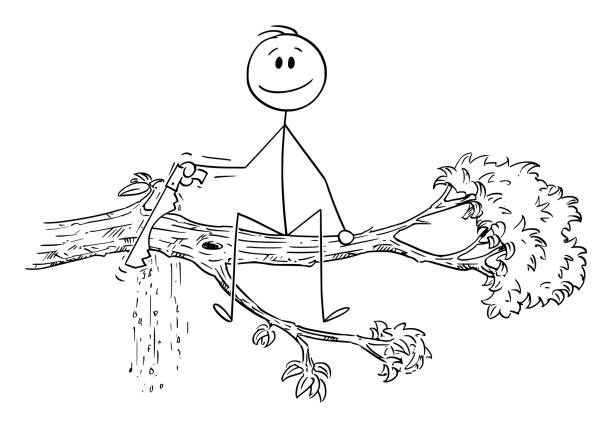 Cartoon of Man or Businessman Cutting the Tree Branch on Which He Is Sitting Vector cartoon stick figure drawing conceptual illustration of man or businessman cutting with saw the tree branch on which he is sitting. man sitting alone drawing stock illustrations