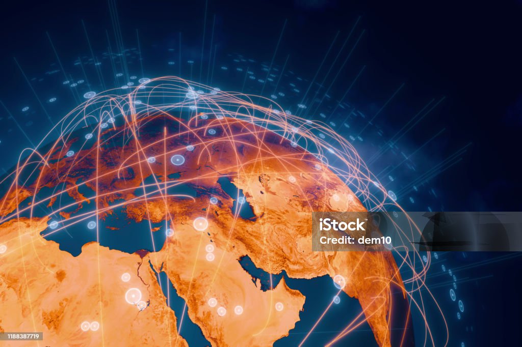 Global Connection Lines Planet Earth With Moving Connection Lines. Based on imagery from NASA. https://visibleearth.nasa.gov/view.php?id=57752 Globe - Navigational Equipment Stock Photo