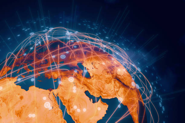 Global Connection Lines Planet Earth With Moving Connection Lines. Based on imagery from NASA. https://visibleearth.nasa.gov/view.php?id=57752 planet earth africa stock pictures, royalty-free photos & images
