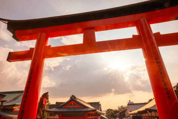 portes de torii dans le sanctuaire de fushimi inari, kyoto, japon - shintoïsme photos et images de collection