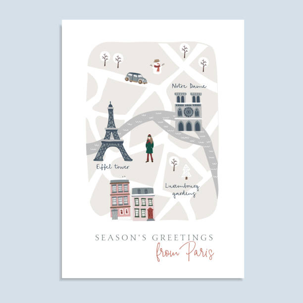 Cute Christmas greeting card, invitation with map of Paris. Hand drawn French streets, houses, Notre Dam cathedral and Eiffel tower. Winter design with warm dressed girl.Vector illustration background Cute Christmas greeting card, invitation with map of Paris. Hand drawn French streets, houses, Notre Dam cathedral and Eiffel tower. Winter design with warm dressed girl.Vector illustration background luxembourg paris stock illustrations