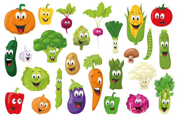 овощи персонажи коллекция: набор из 26 различных овощей в стиле мультфильма вектор иллюстрации - concepts food lettuce bean stock illustrations