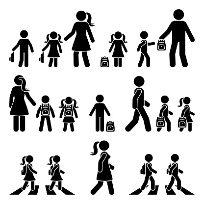 Stick figure walking kids with parents and backpack vector icon pictogram. Boy and girl on crosswalk going to school silhouette on white