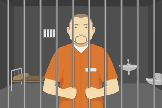 Vector illustration of Convict in orange jumpsuit standing in prison cell. Vector illustration