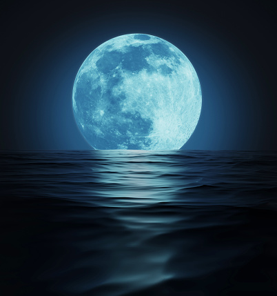 Big blue moon reflected in dark wavy water surface. 3D illustration