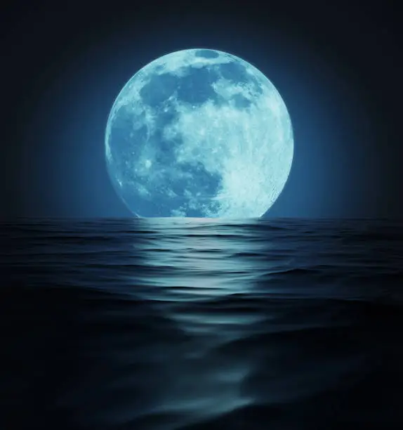 Photo of Big Blue Moon Reflected in Dark Water Surface