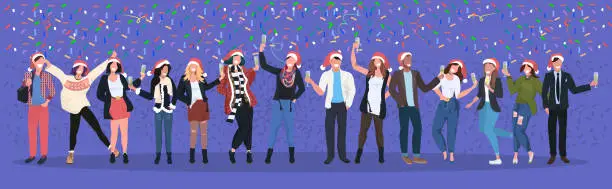 Vector illustration of businesspeople in santa hats having confetti corporate party mix race business people celebrating merry christmas happy new year winter holidays concept horizontal full length