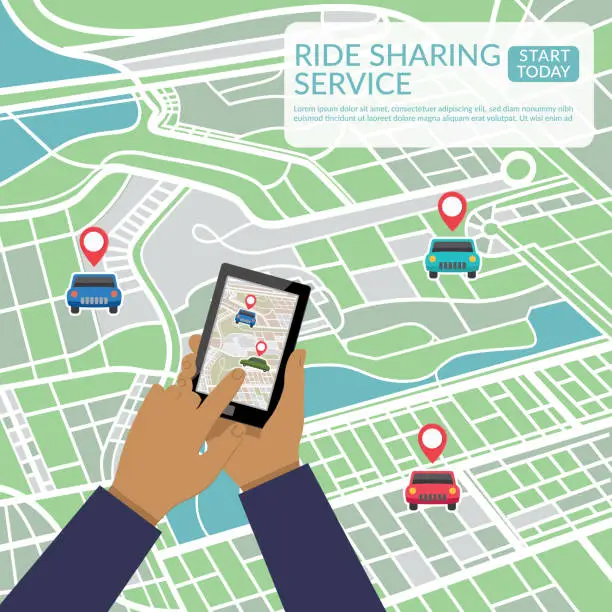 Vector illustration of Person Using A Ride  Sharing Technology Mobile Application