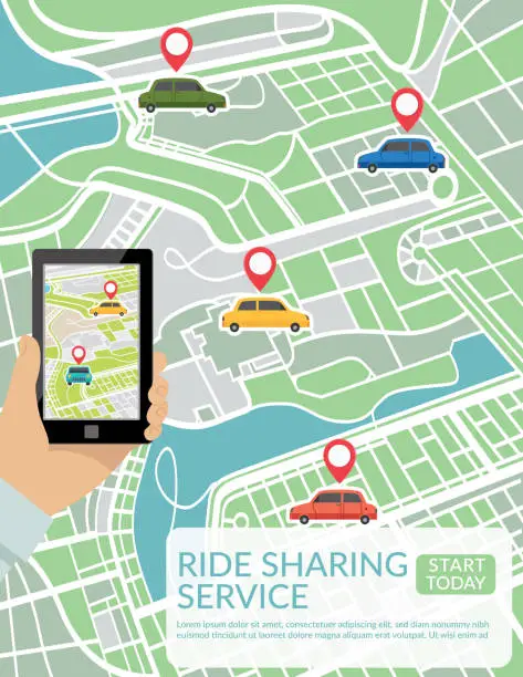 Vector illustration of Person Using A Ride  Sharing Technology Mobile Application