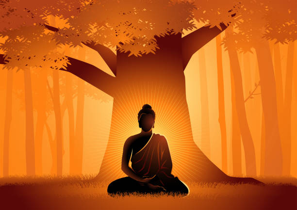 illustrazioni stock, clip art, cartoni animati e icone di tendenza di siddhartha gautama illuminata sotto l'albero di bodhi - budda
