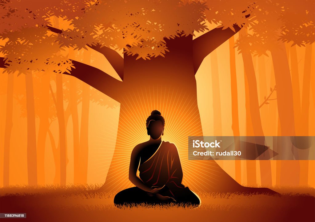 Siddhartha Gautama enlightened under Bodhi tree Vector illustration of Siddhartha Gautama enlightened under Bodhi tree, enlightenment of the Buddha under the Bodhi tree Buddha stock vector