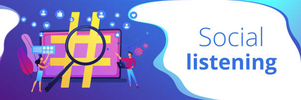Social network monitoring concept banner header Viral marketing, trends analysis, modern advertising business. Social network monitoring, social media measurement, social listening concept. Header or footer banner template with copy space. social listening stock illustrations