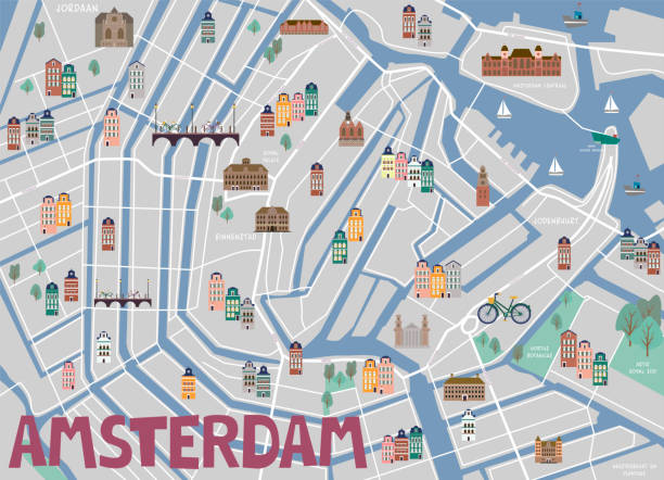 ilustraciones, imágenes clip art, dibujos animados e iconos de stock de guía de amsterdam. mapa ilustrado de la ciudad - amsterdam