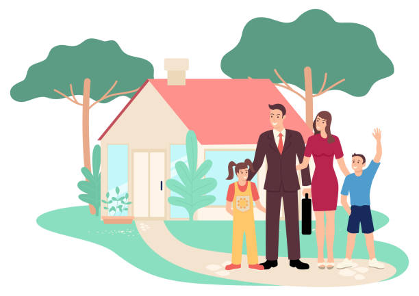 Happy Family In Front Of Their House Stock Illustration - Download Image  Now - Family, In Front Of, House - iStock