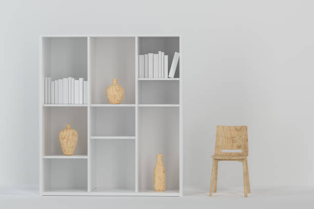 Cabinet with books and vases inside in the empty new house, 3d rendering. Computer digital drawing.