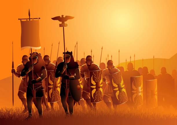 starożytny rzym legionowy marsz na trawiastym polu - flag bearer stock illustrations