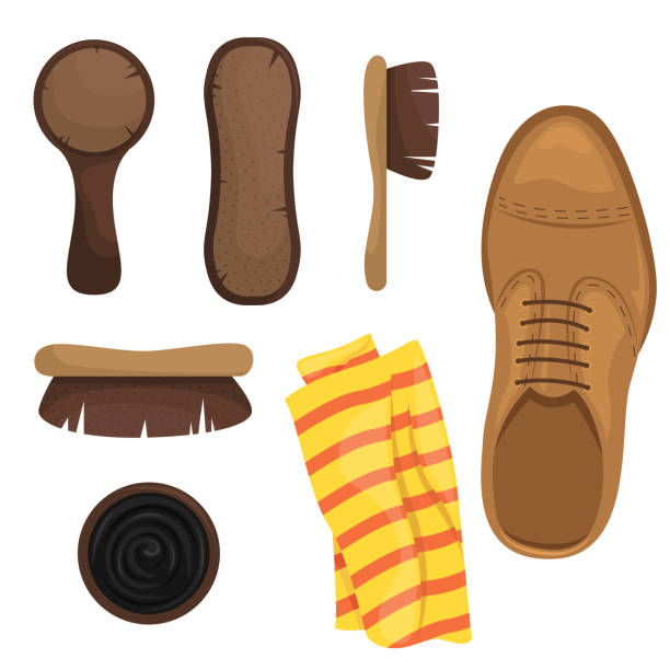 Shoe Shine kit. Brushes, sponges, Shoe Polish. Vector illustration. Shoe Shine kit. Brushes, sponges, Shoe Polish. Vector illustration. shoe polish stock illustrations