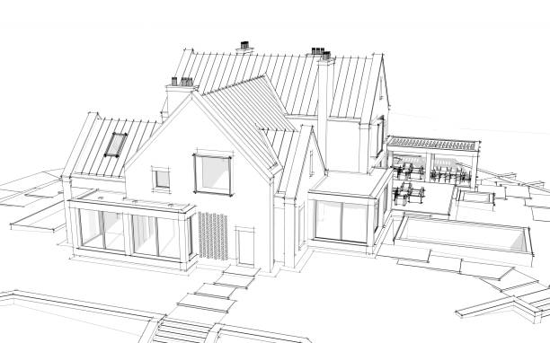 istock 3d rendering of modern clinker house on the ponds with pool black line on white background 1188401436