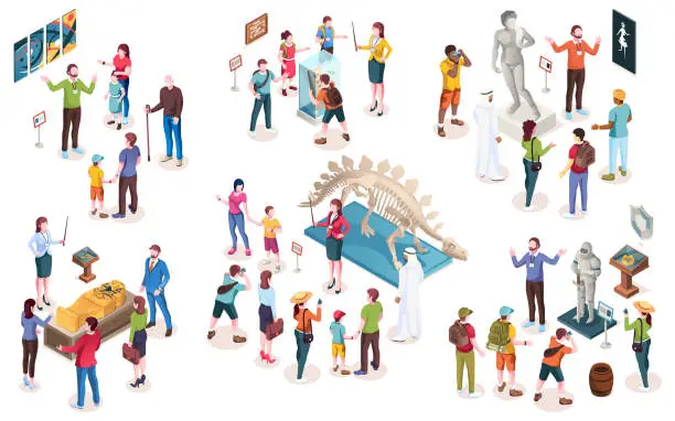 Vector illustration of Set of isolated museum objects or exhibition people, guide and curator, tourists and dinosaur, modern art and painting, egypt sarcophagus and knight, statue and archeology stone. Isometric and history