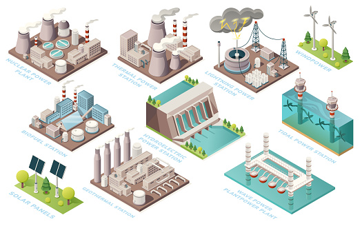 Alternative energy and power plants and green electric energy generation stations, vector isometric icons. Solar panels, bio fuel, thermal or geothermal, nuclear, tidal and water wave power stations