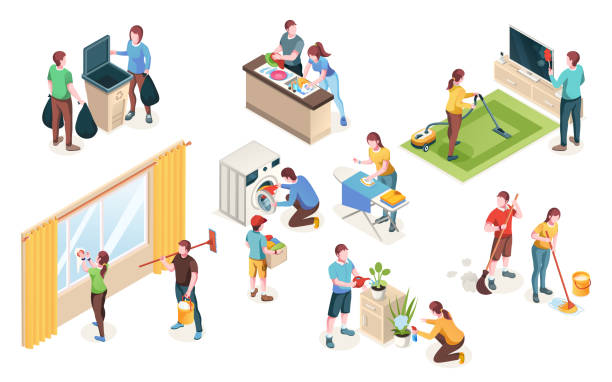 Home cleaning, vector isolated icons of man and woman couple clean house together. Laundry and dish washing at kitchen, watering flowers and cleaning windows, mopping floor and ironing Home cleaning, vector isolated icons of man and woman couple clean house together. Laundry and dish washing at kitchen, watering flowers and cleaning windows, mopping floor and ironing flooring illustrations stock illustrations