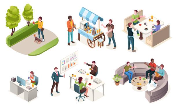 People drinking coffee, vector isometric icons set. Coffee bar or cafe and restaurant, takeaway street vendor, woman walking and workers in office drinking morning coffee from paper cups People drinking coffee, vector isometric icons set. Coffee bar or cafe and restaurant, takeaway street vendor, woman walking and workers in office drinking morning coffee from paper cups dog sitting icon stock illustrations