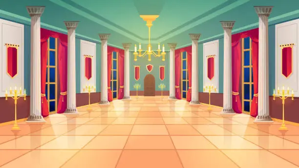 Vector illustration of Ballroom hall, Medieval palace room, royal castle interior, vector background. King ballroom with luxury interior, marble columns and curtains, golden candelabra and candle lamps, fairy tale design