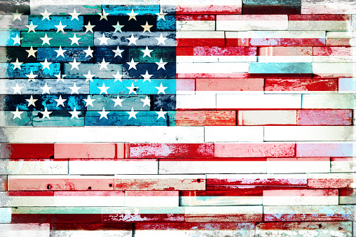 US american flag on old painted grunge wood planks background