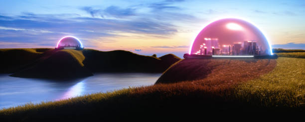 istock Futuristic Landscape with an encapsulated cities on islands panoramic 1188402978