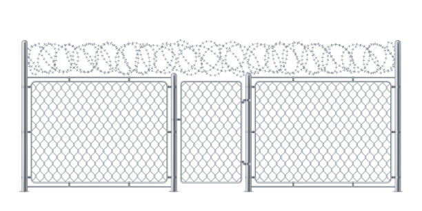 istock Wire fence or chain link protection with gate or wicket. Chainlink construction for police or prison, military. Chained boundary or enclosure, cage entrance. Steel linkage or barrier, protection theme 1188403076