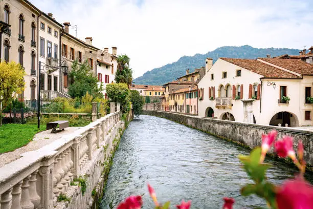 Photo of Panoramic view of the river Meschio and town of Serravalle, part of Vittorio Veneto in Italy