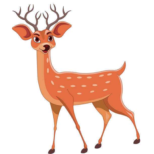 illustrazioni stock, clip art, cartoni animati e icone di tendenza di cervo bruno felice con macchie e corna - cervo cervide