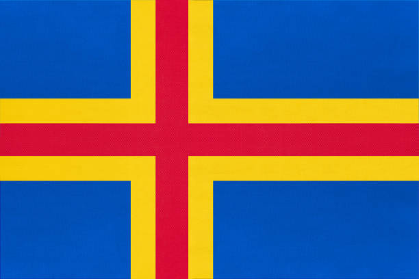 Aland Islands national fabric flag with emblem, textile background. Symbol of international world European country. State official Finland sign.