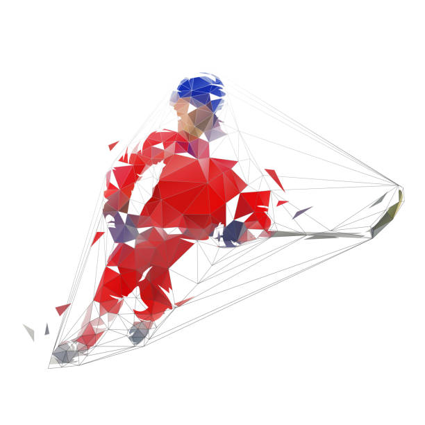 Ice hockey player in red jersey shooting puck, geometric polygonal drawing. Isolated vector illustration. Ice hockey athlete Ice hockey player in red jersey shooting puck, geometric polygonal drawing. Isolated vector illustration. Ice hockey athlete ice hockey net stock illustrations